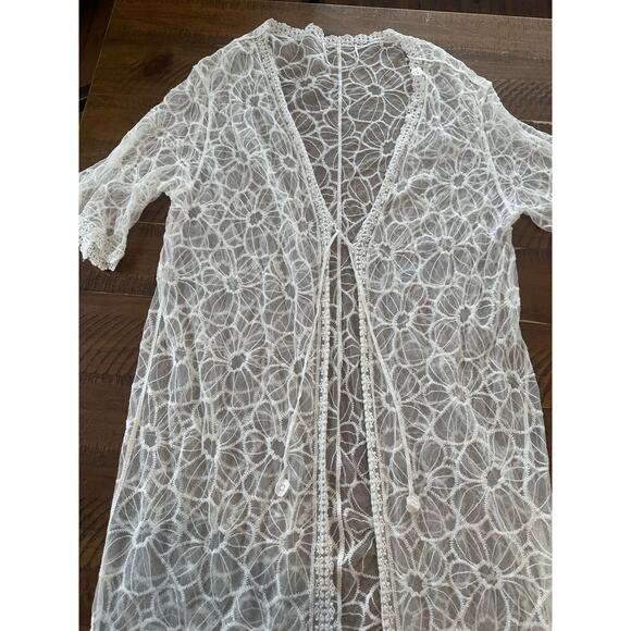 White Lace Floral Maxi Duster Cardigan Kimono Sheer Boho Festival Romantic OS - Picture 9 of 10